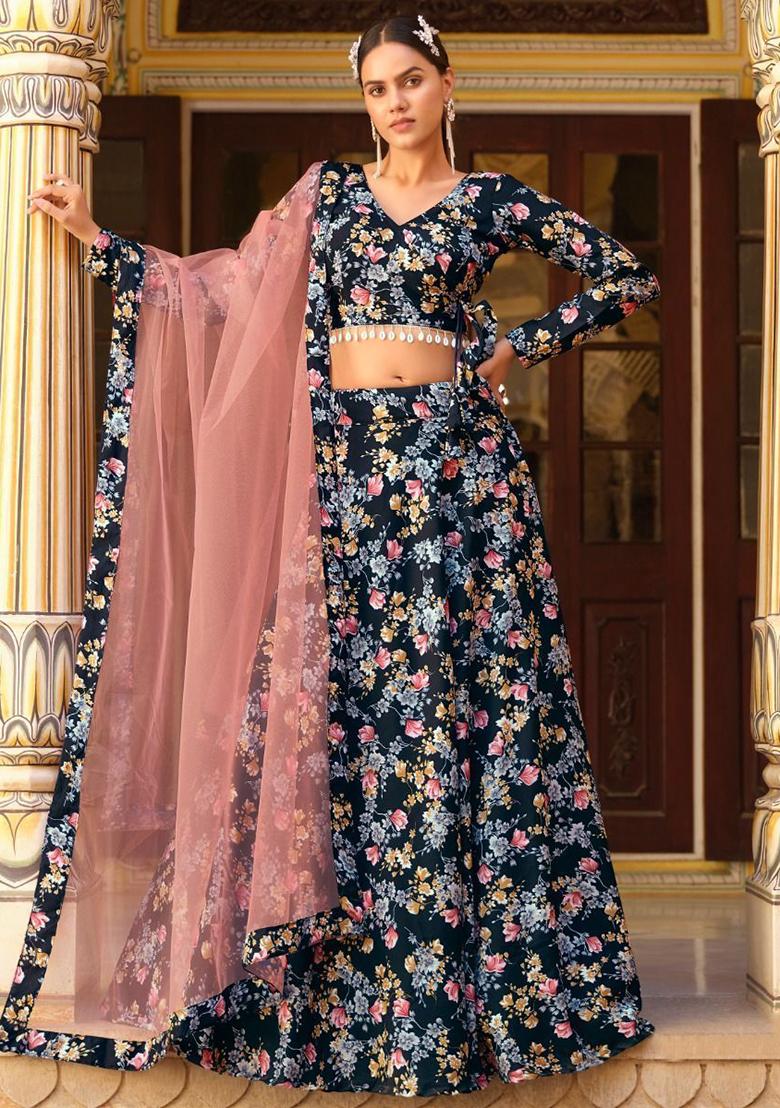 Black Floral Print Silk Lehenga Set