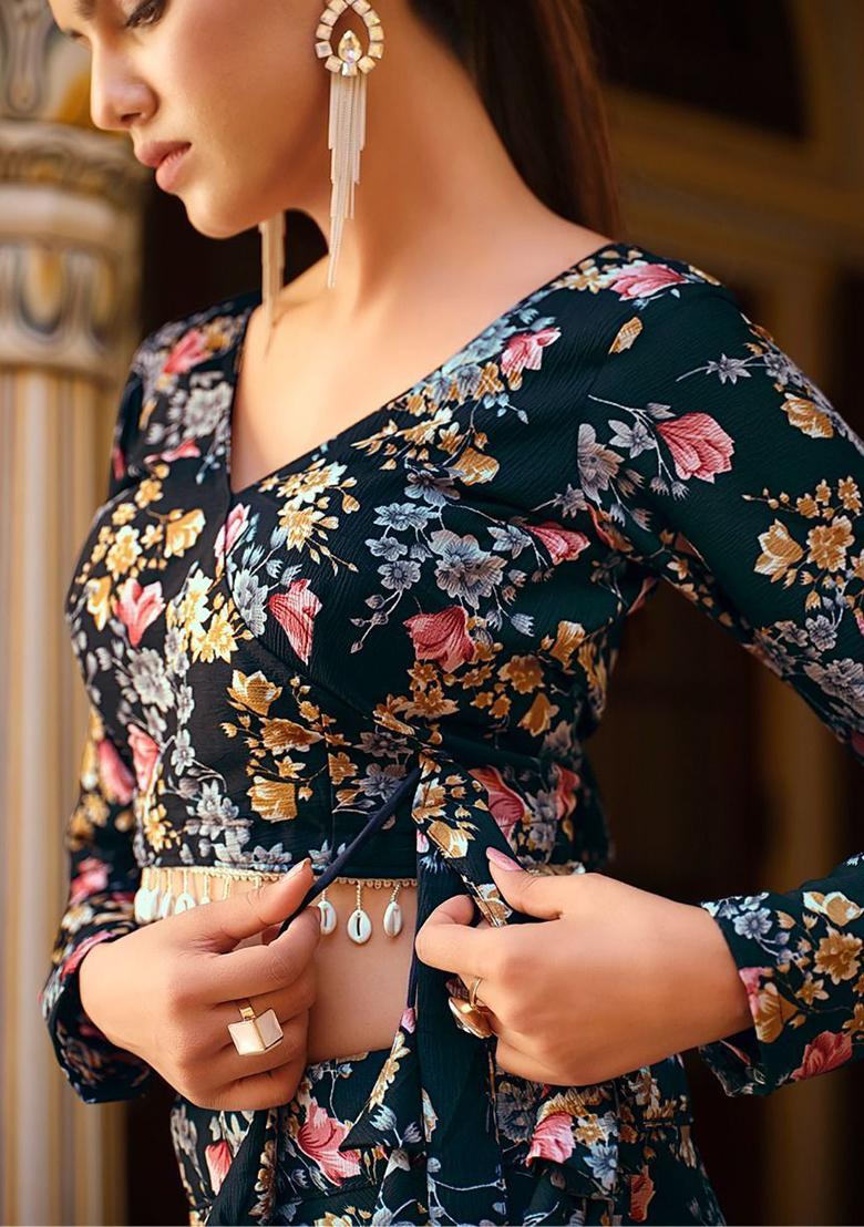 Black Floral Print Silk Lehenga Set