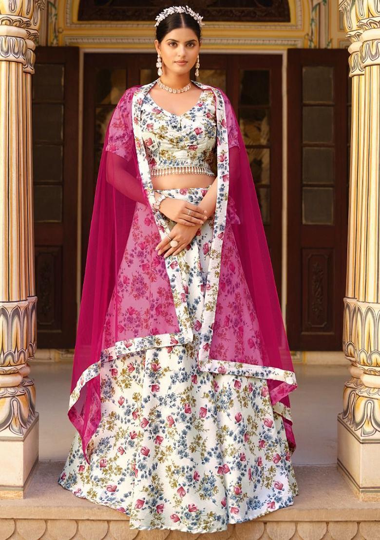 White Floral Print Silk Lehenga Set