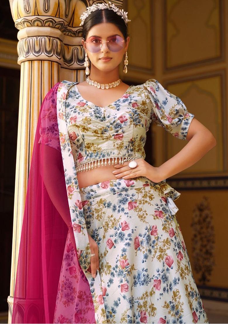 White Floral Print Silk Lehenga Set