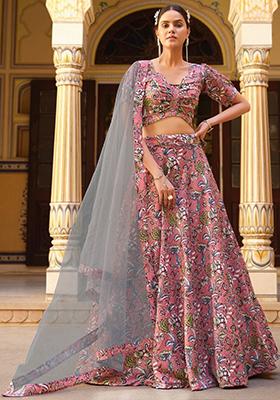 Pink Floral Print Silk Lehenga Set