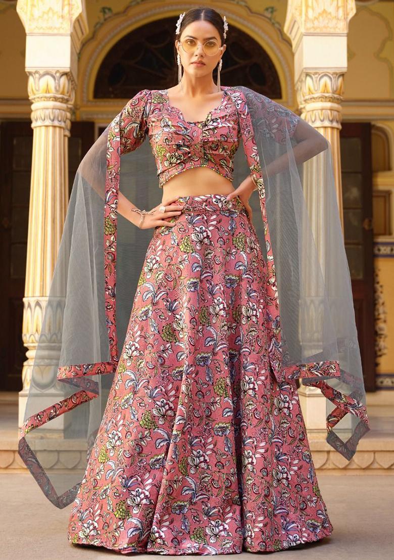 Pink Floral Print Silk Lehenga Set