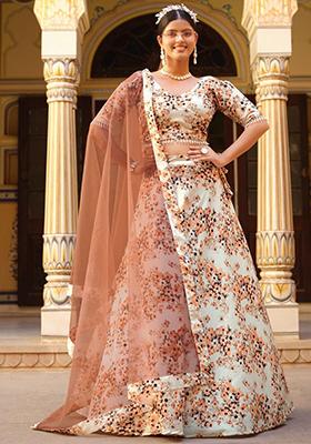 Off White Floral Print Silk Lehenga Set