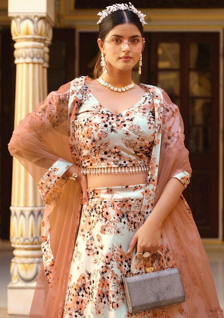 Off White Floral Print Silk Lehenga Set
