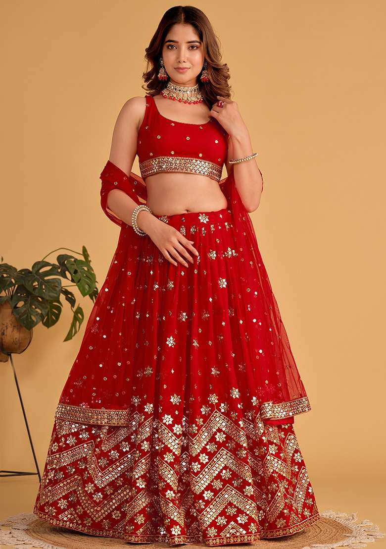 Red Georgette Lehenga Set with Embroidered & Sequin for Diwali | Wedding & Festive Wear - Indya