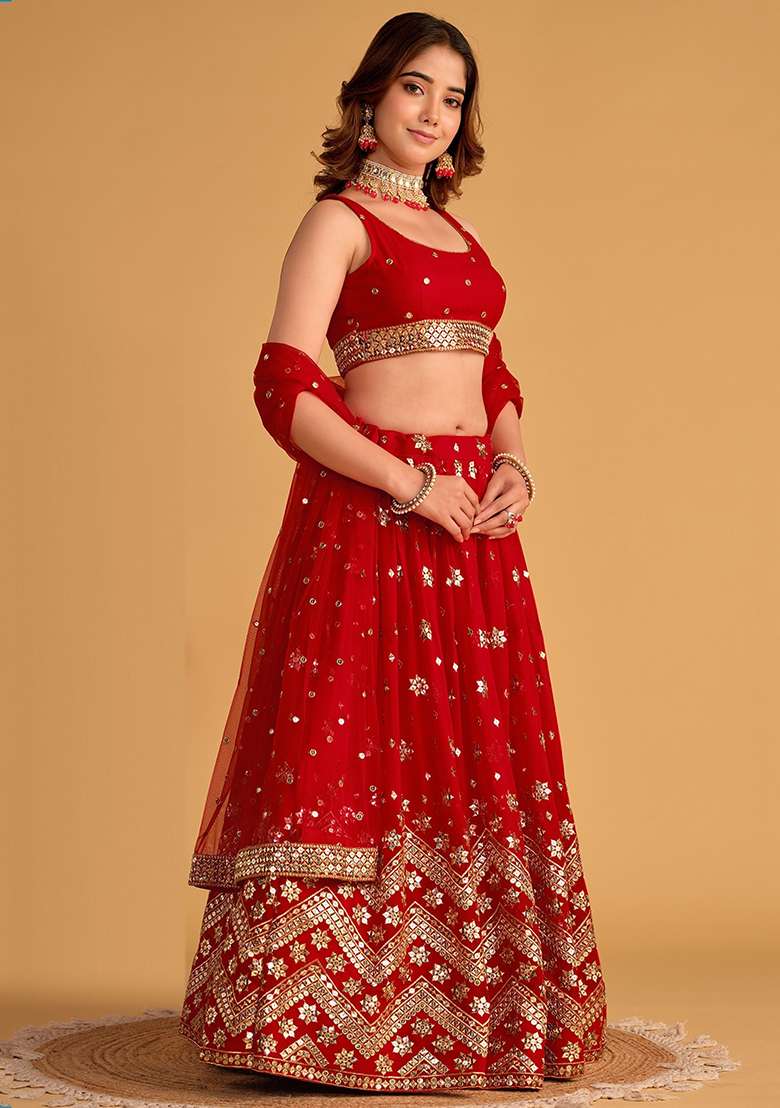 Red Georgette Lehenga Set with Embroidered & Sequin for Diwali | Wedding & Festive Wear - Indya