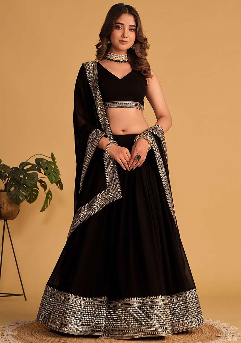 Black Embroidered Georgette Lehenga Set for Diwali and Festive Wear - Indya