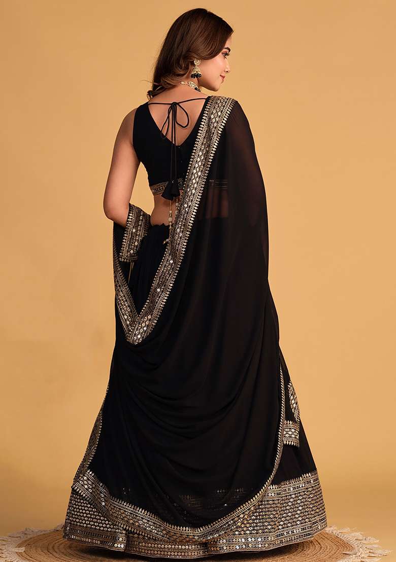 Black Embroidered Georgette Lehenga Set for Diwali and Festive Wear - Indya