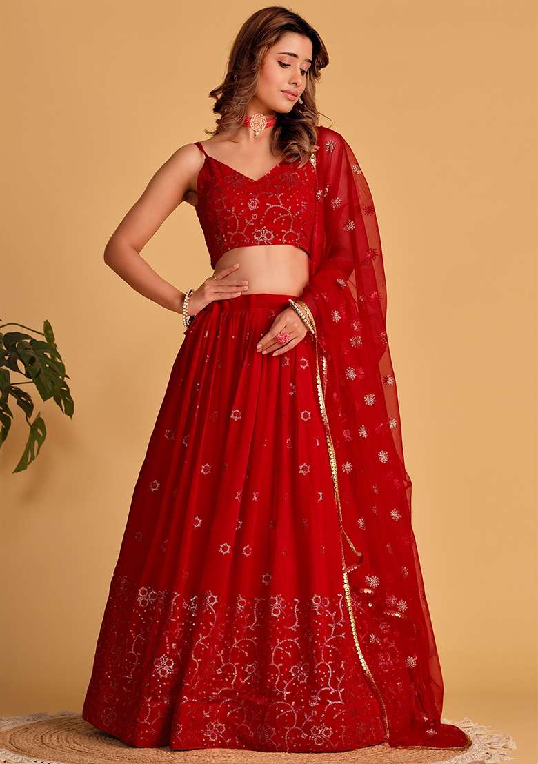 Red Georgette Lehenga Set with Embroidered for Diwali | Wedding & Festive Wear - Indya