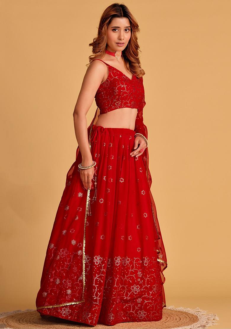 Red Embroidered Georgette Lehenga Set