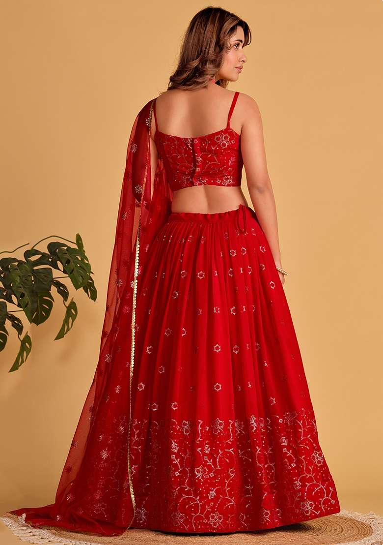 Red Georgette Lehenga Set with Embroidered for Diwali | Wedding & Festive Wear - Indya