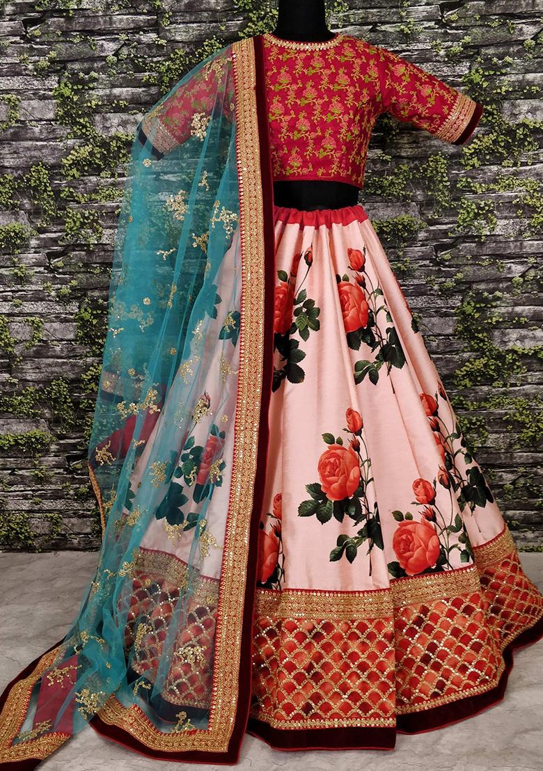 Pink Floral Print Silk Lehenga Set