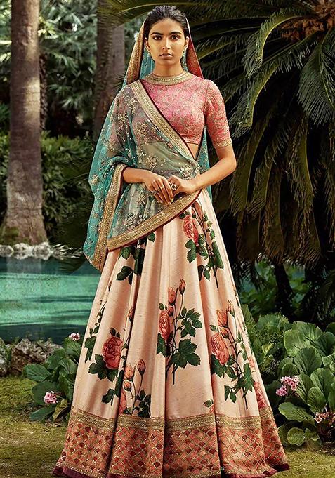 Pink Floral Print Silk Lehenga Set