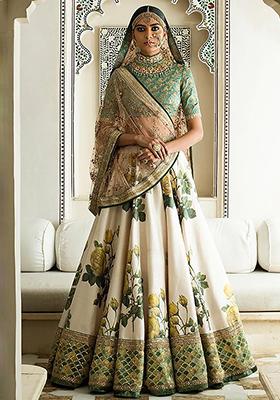 Off White Floral Print Silk Lehenga Set