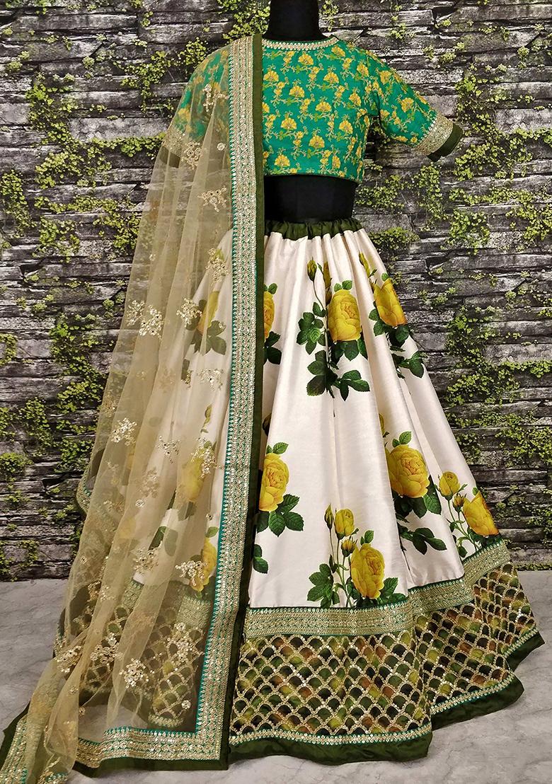 Off White Floral Print Silk Lehenga Set