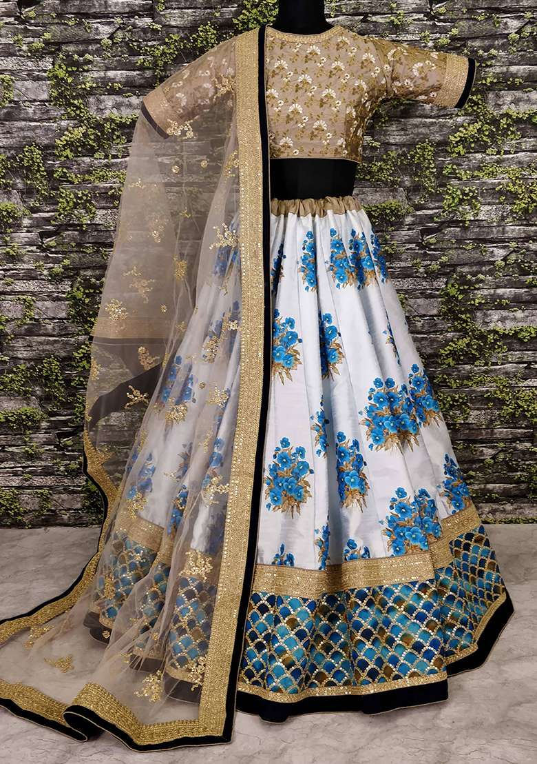 Off White Floral Print Silk Blend Lehenga Set for Diwali and Festive Wear - Indya