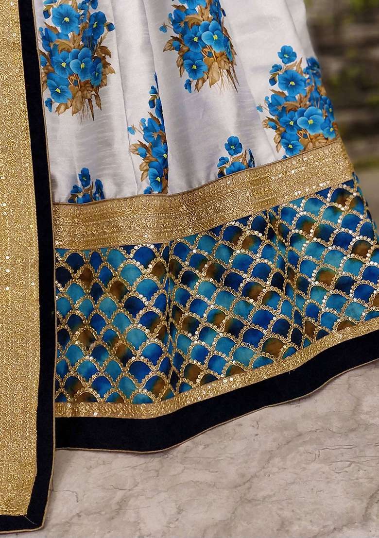 Off White Floral Print Silk Blend Lehenga Set for Diwali and Festive Wear - Indya