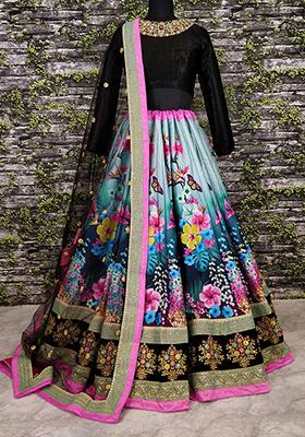 Blue Floral Print Silk Lehenga Set
