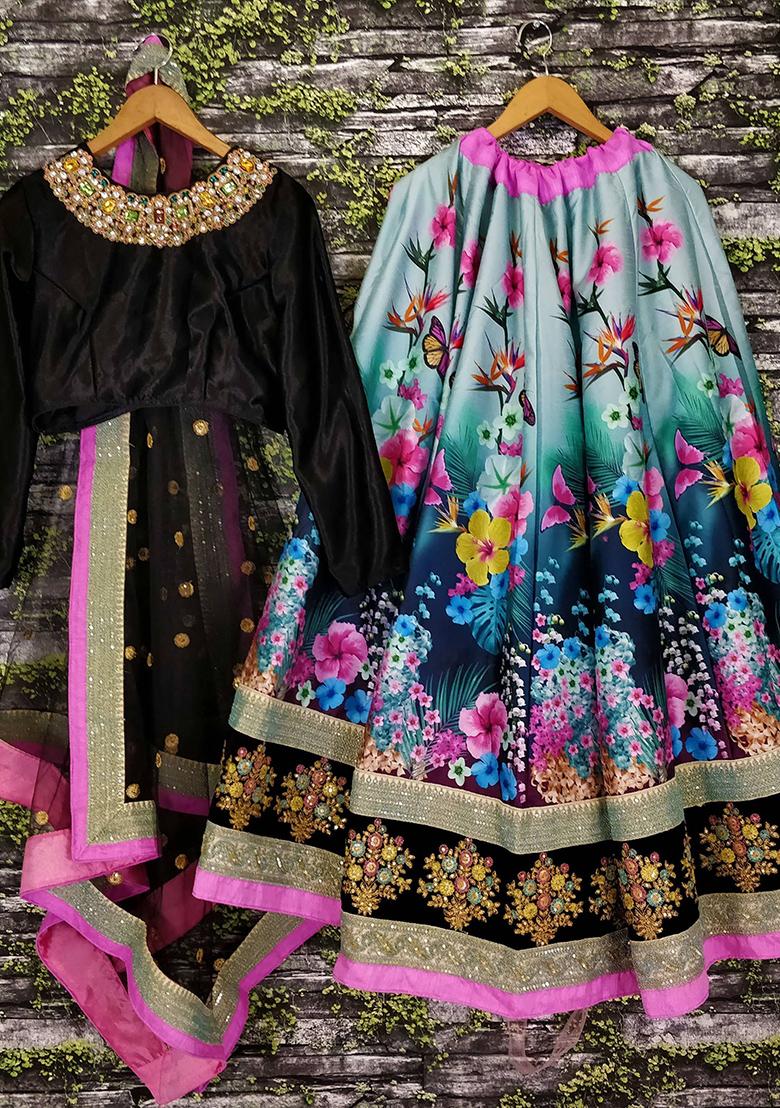 Blue Floral Print Silk Lehenga Set