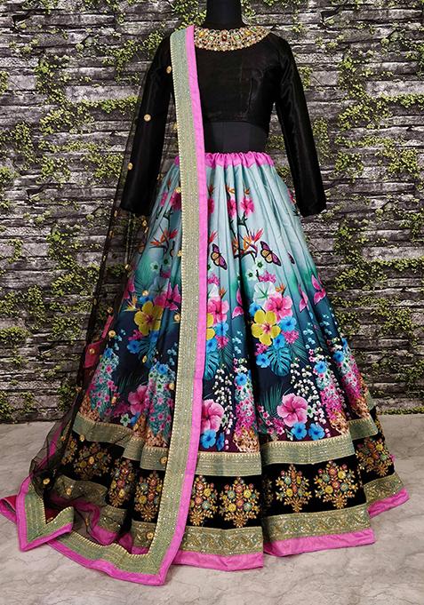 Blue Floral Print Silk Lehenga Set