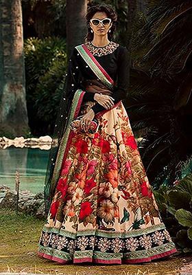 Multicolour Floral Print Silk Lehenga Set