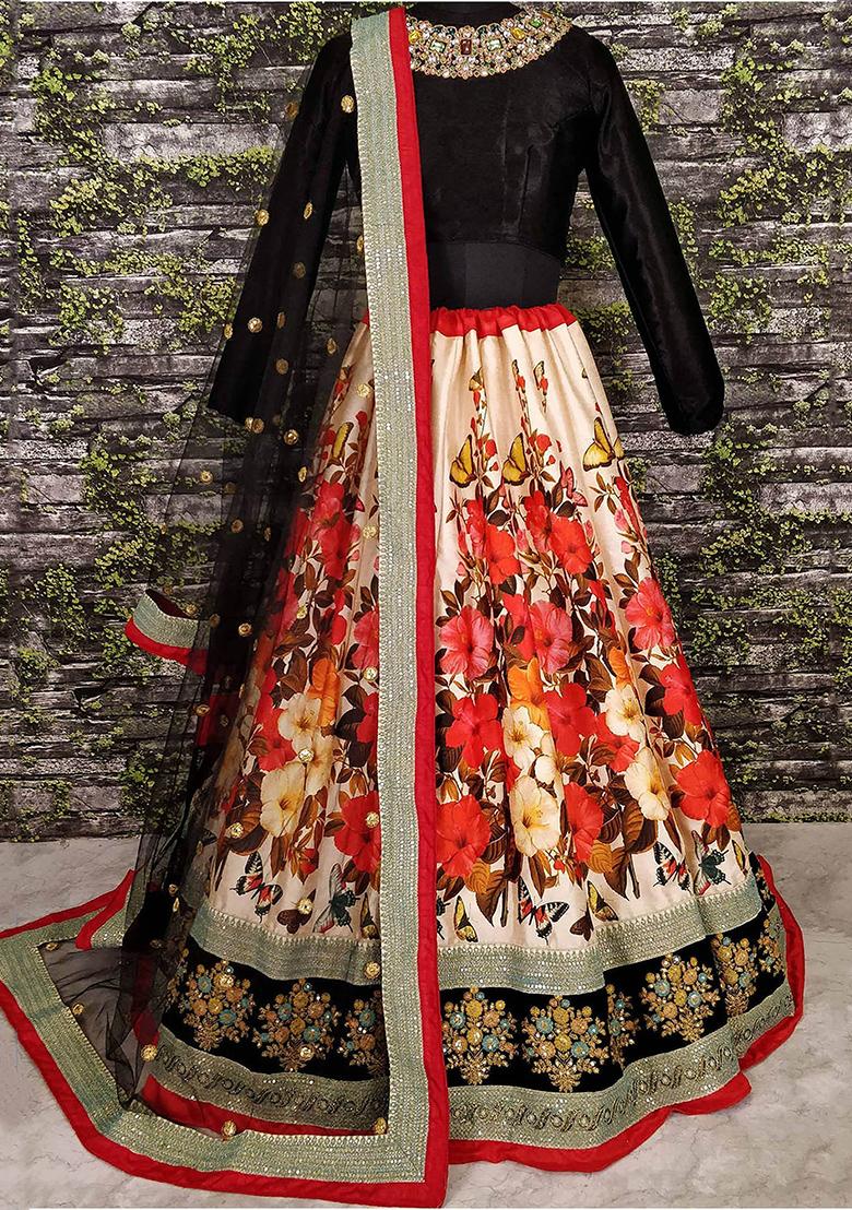 Multicolour Floral Print Silk Lehenga Set