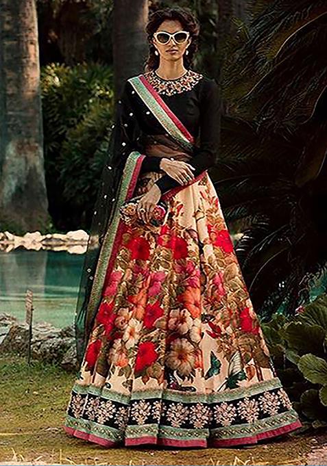 Multicolour Floral Print Silk Lehenga Set