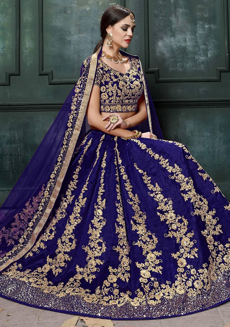 Navy Blue Embroidered Silk Lehenga Set
