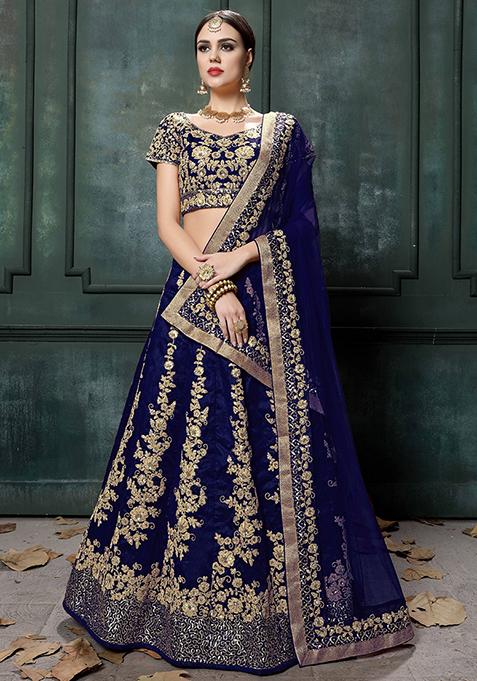 Navy Blue Embroidered Silk Lehenga Set