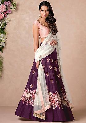 Purple Embroidered Silk Lehenga Set