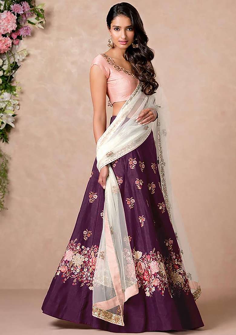 Purple Silk Blend Lehenga Set with Embroidered for Diwali | Wedding & Festive Wear - Indya