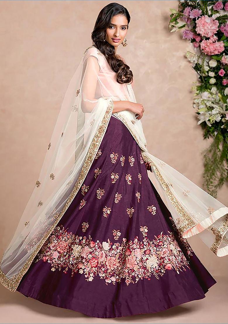 Purple Embroidered Silk Lehenga Set