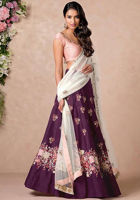 Purple Embroidered Silk Lehenga Set