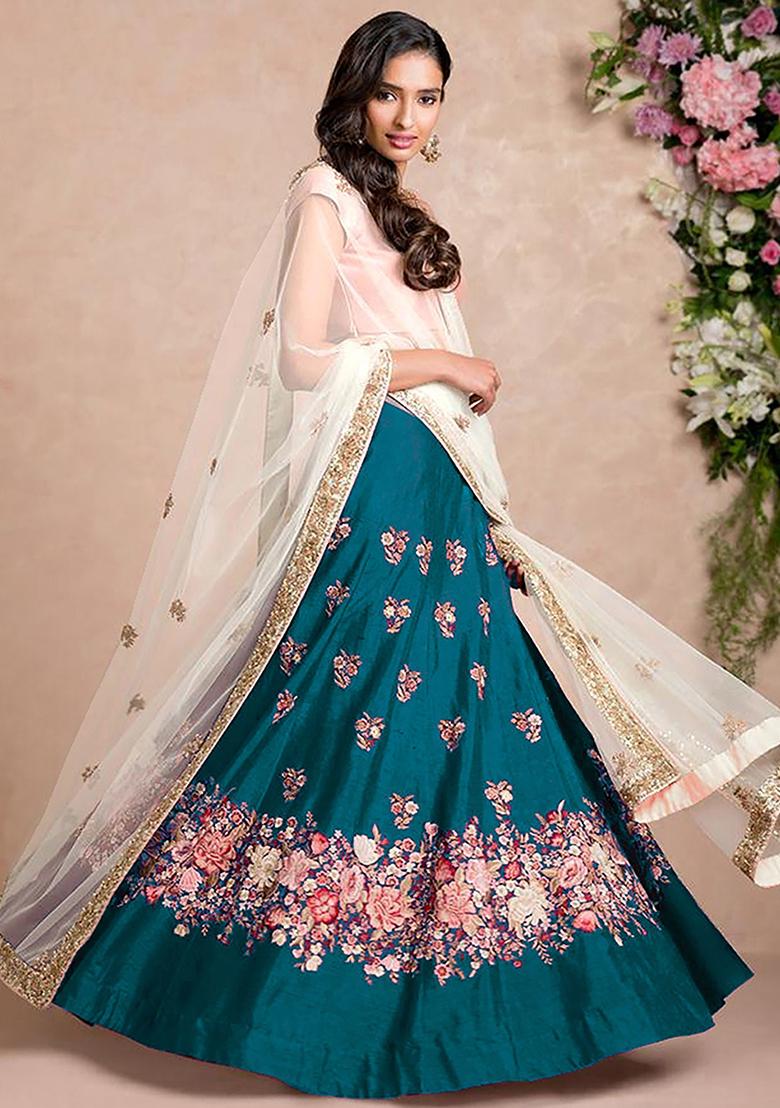Blue Embroidered Silk Lehenga Set