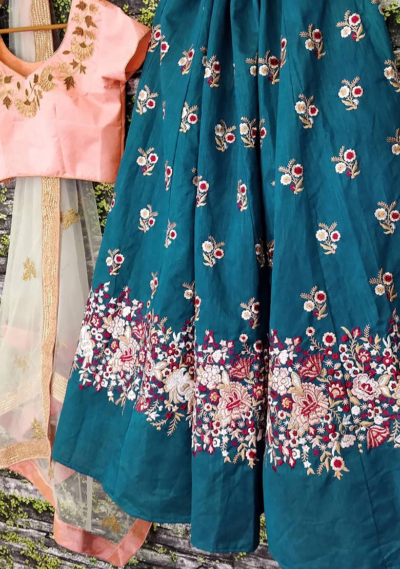 Blue Embroidered Silk Lehenga Set