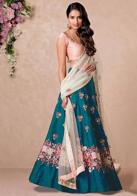 Blue Embroidered Silk Lehenga Set