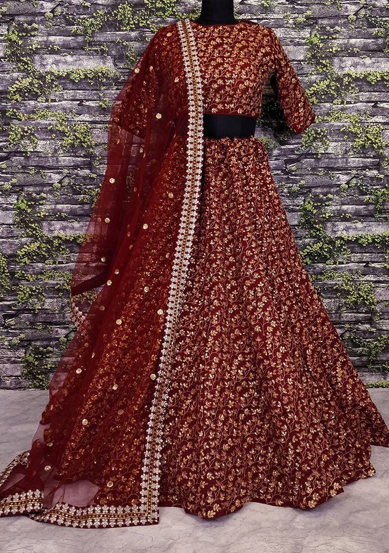Maroon Embroidered Silk Lehenga Set