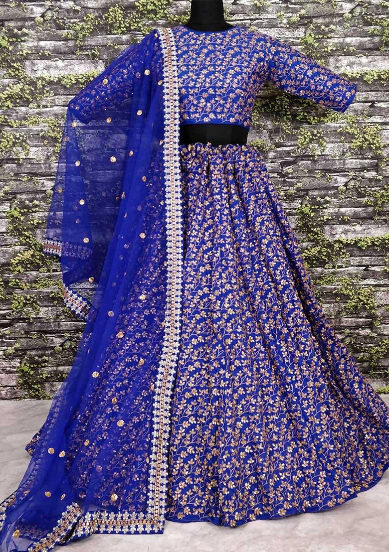 Blue Embroidered Silk Lehenga Set
