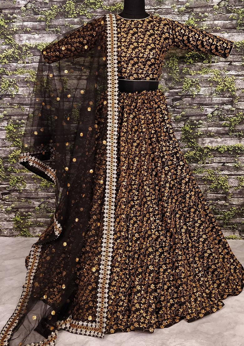 Black Embroidered Silk Lehenga Set