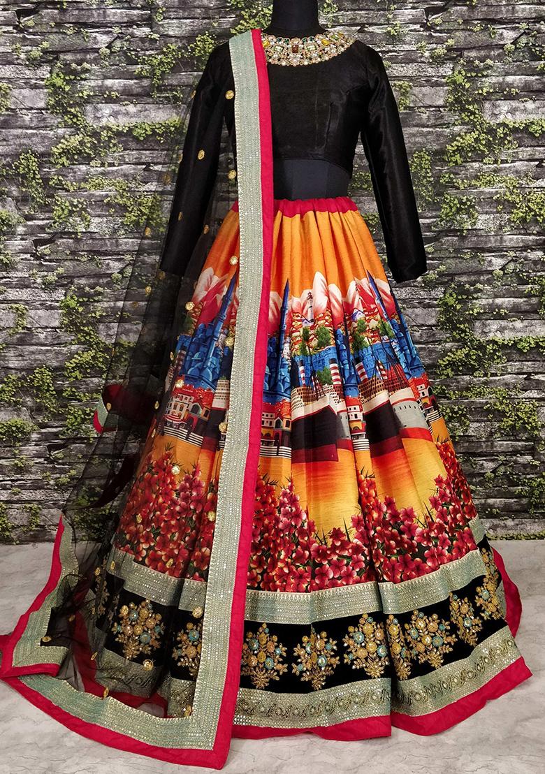 Multicolour Digital Print Silk Lehenga Set