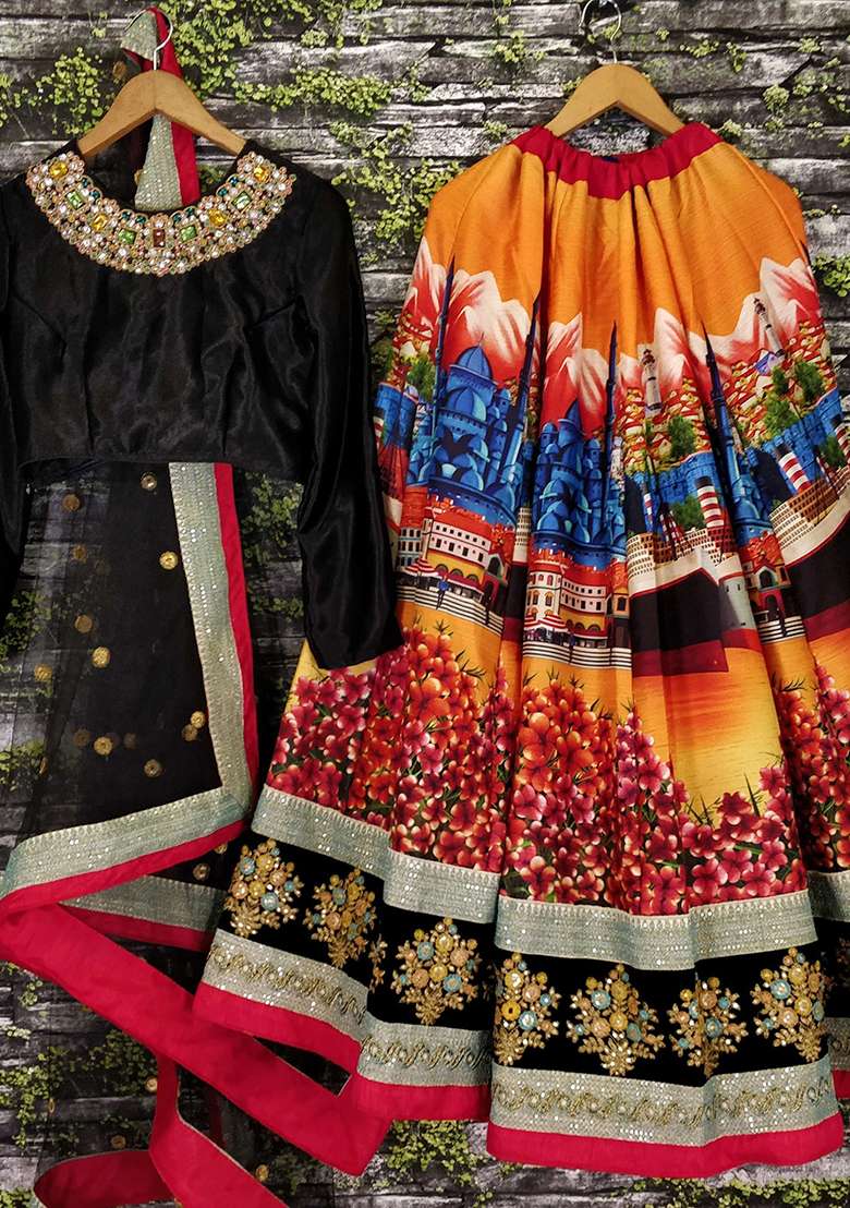 Multicolour Digital Print Silk Blend Lehenga Set for Diwali and Festive Wear - Indya
