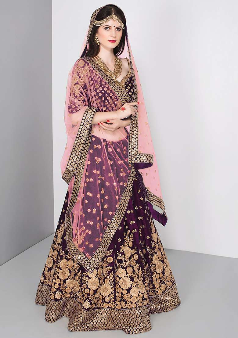 Purple Embroidered Velvet Lehenga Set for Diwali and Festive Wear - Indya