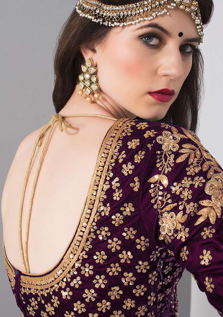 Purple Embroidered Velvet Lehenga Set for Diwali and Festive Wear - Indya