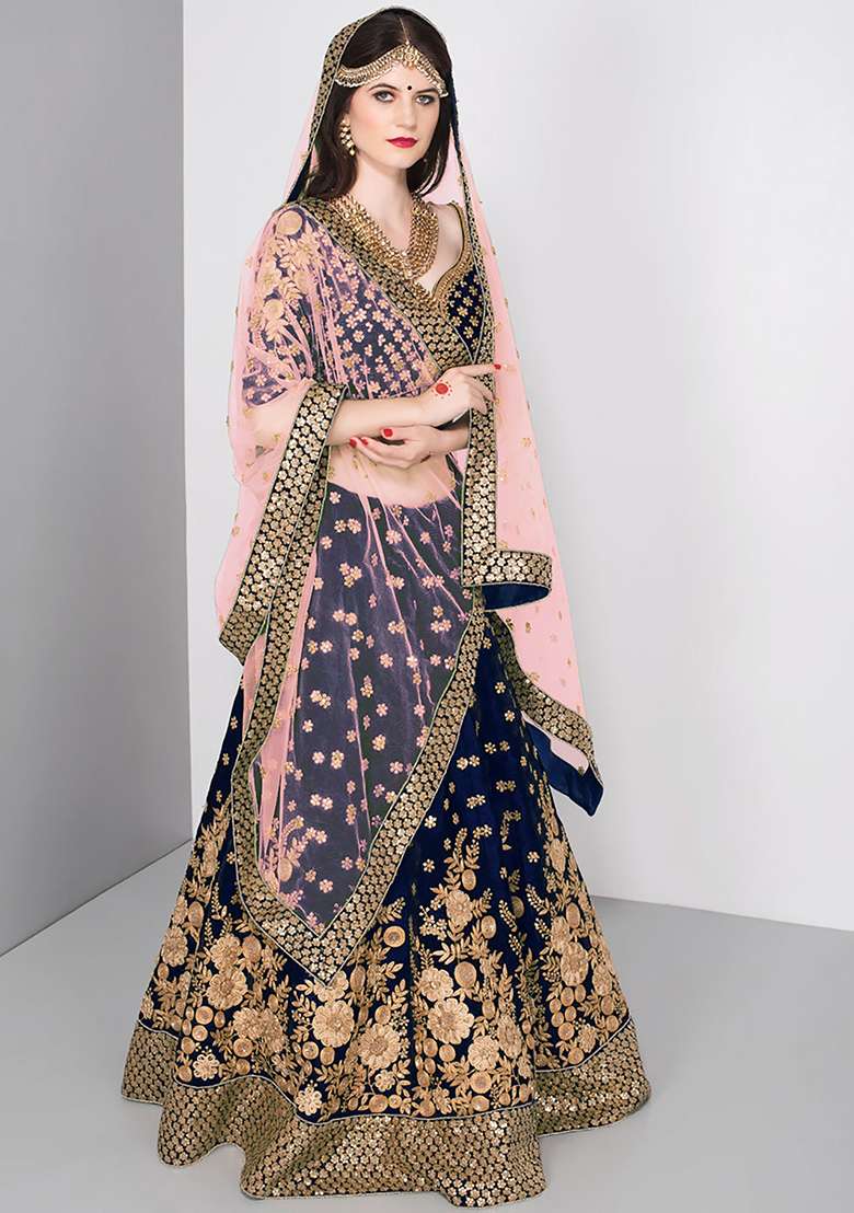 Blue Embroidered Velvet Lehenga Set for Diwali and Festive Wear - Indya