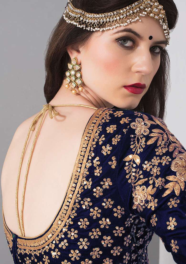 Blue Embroidered Velvet Lehenga Set for Diwali and Festive Wear - Indya