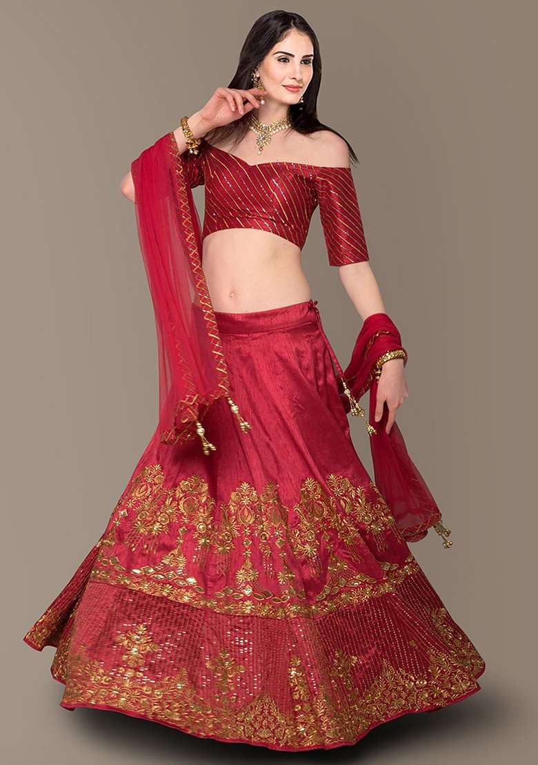 Red Embroidered Silk Blend Lehenga Set - Indya