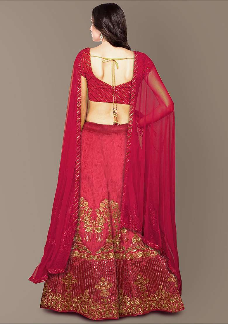 Red Embroidered Silk Blend Lehenga Set - Indya