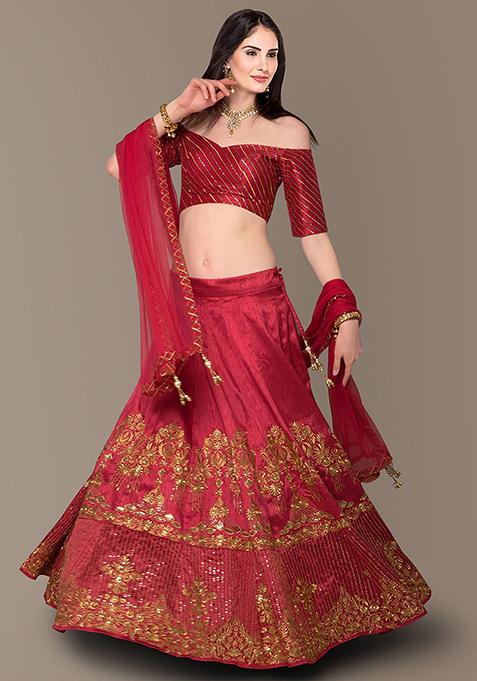 Red Embroidered Silk Lehenga Set