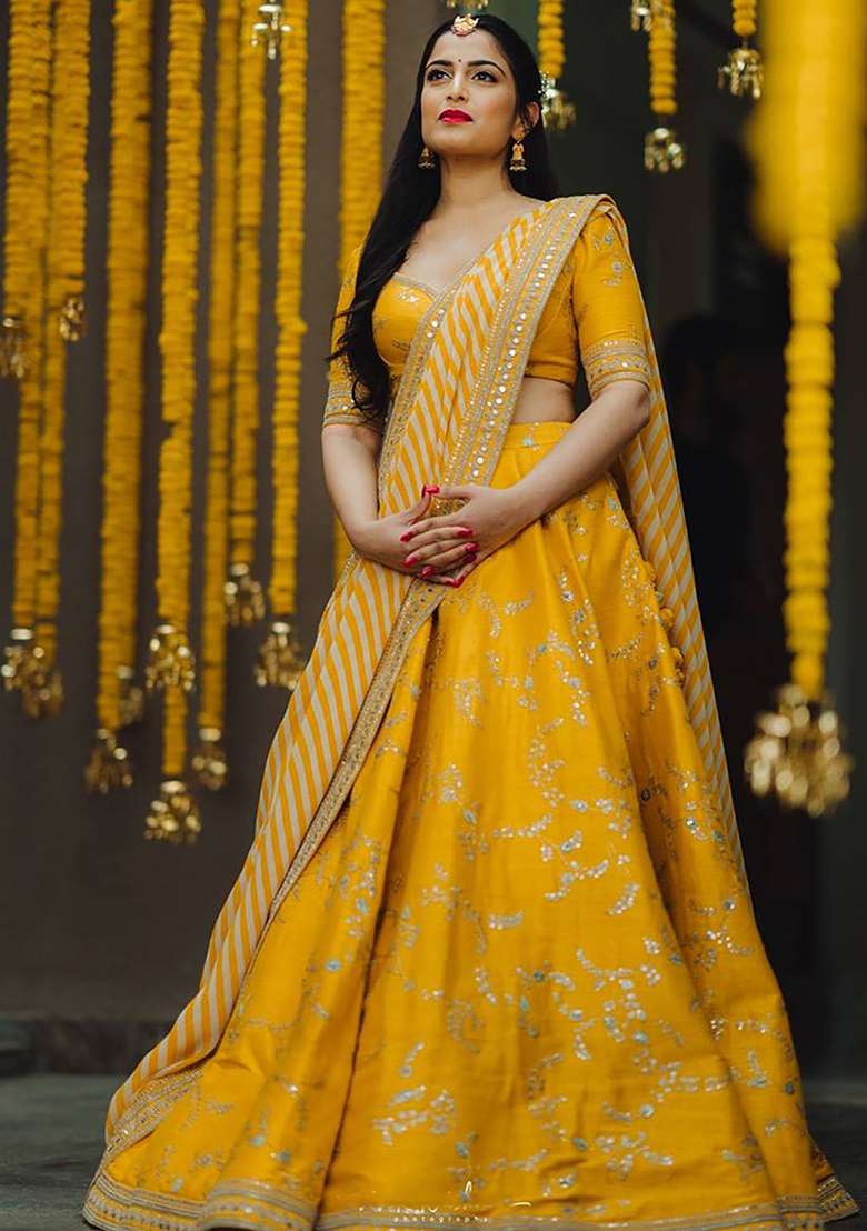 Yellow Mulberry Silk Blend Lehenga Set with Embroidered for Diwali | Wedding & Festive Wear - Indya