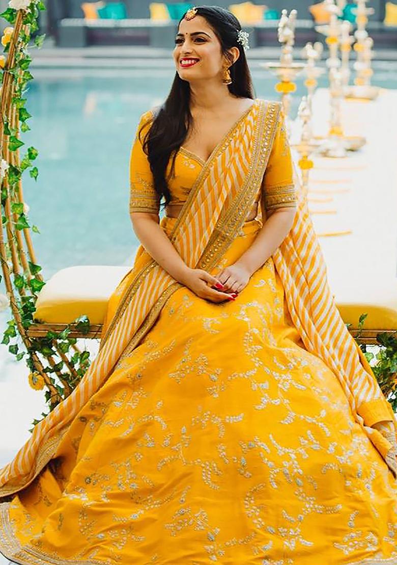 Yellow Embroidered Mulberry Silk Lehenga Set